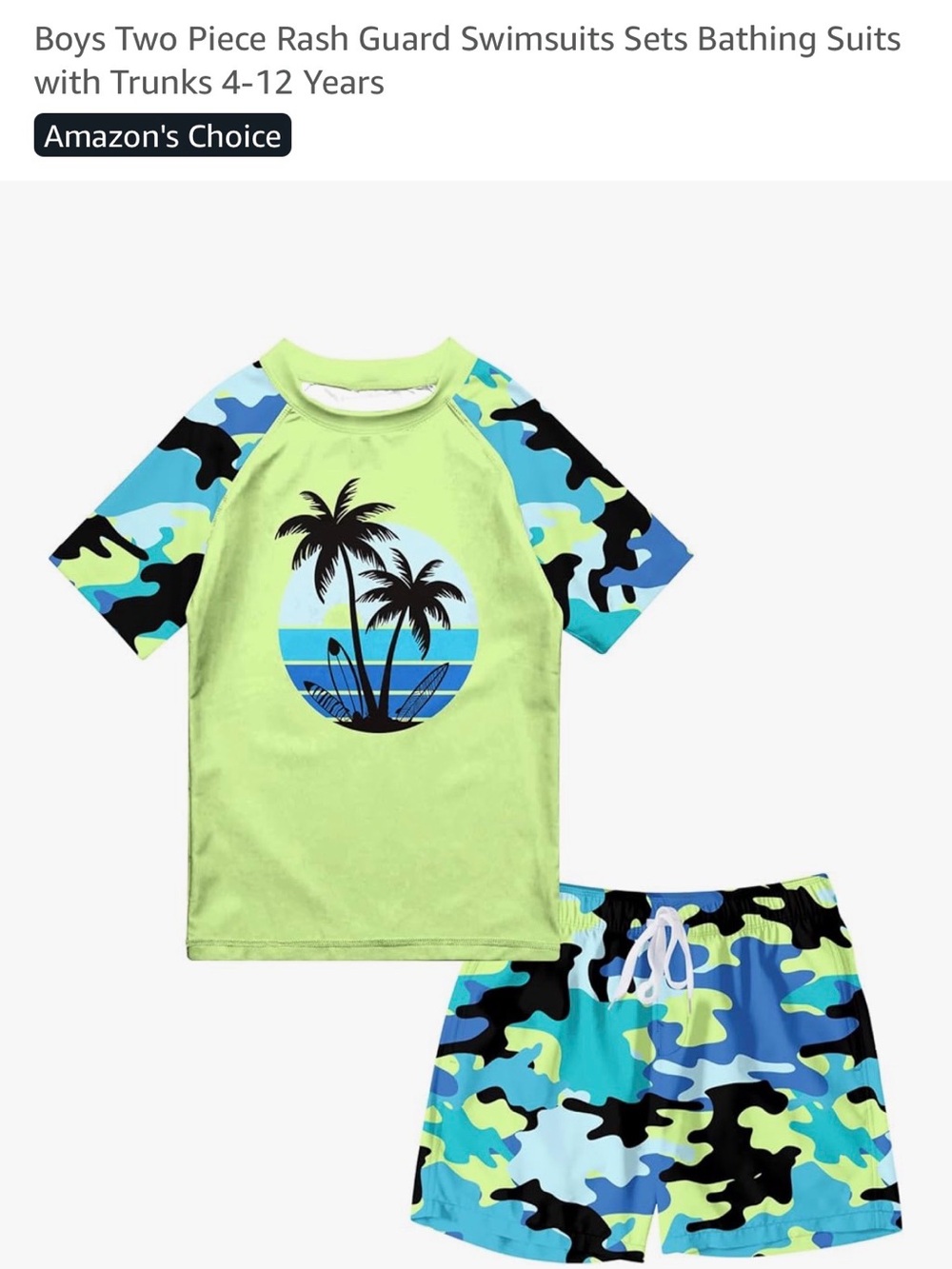 Kids Lime Green and Blue Camo Rash Guard Swim Set